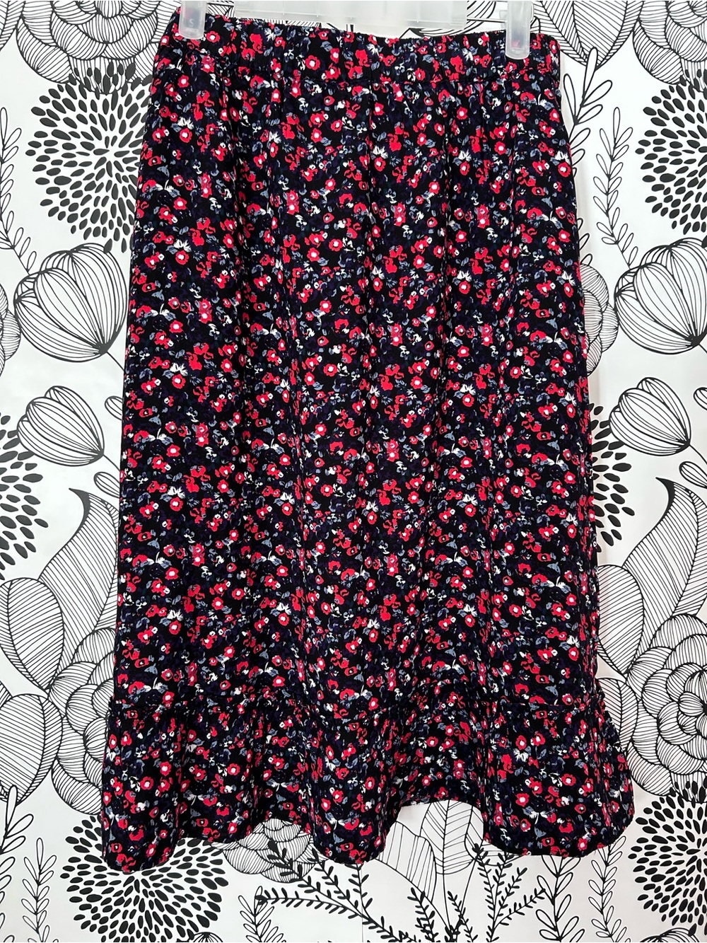 Joe Fresh Red and Black Floral Midi Skirt